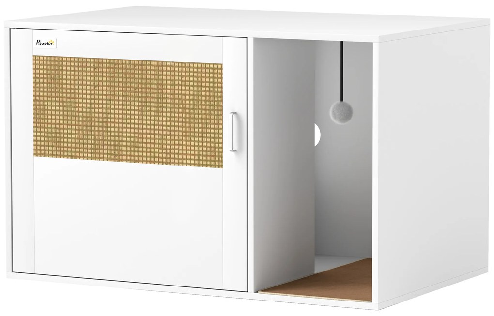 PawHut Casa de toaletă pentru pisici mobilier litieră pentru pisici saltea zgâriere ușă cu mâner stil boem 80 x 50 x 50 cm alb | Aosom Romania