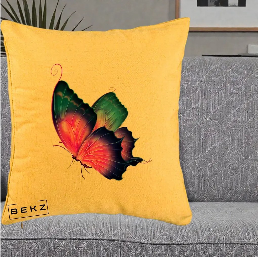 Perna Decorativa Fluture Neon, 40x40 cm, Galben, Husa Detasabila, Perna Inclusa, BEKZ®