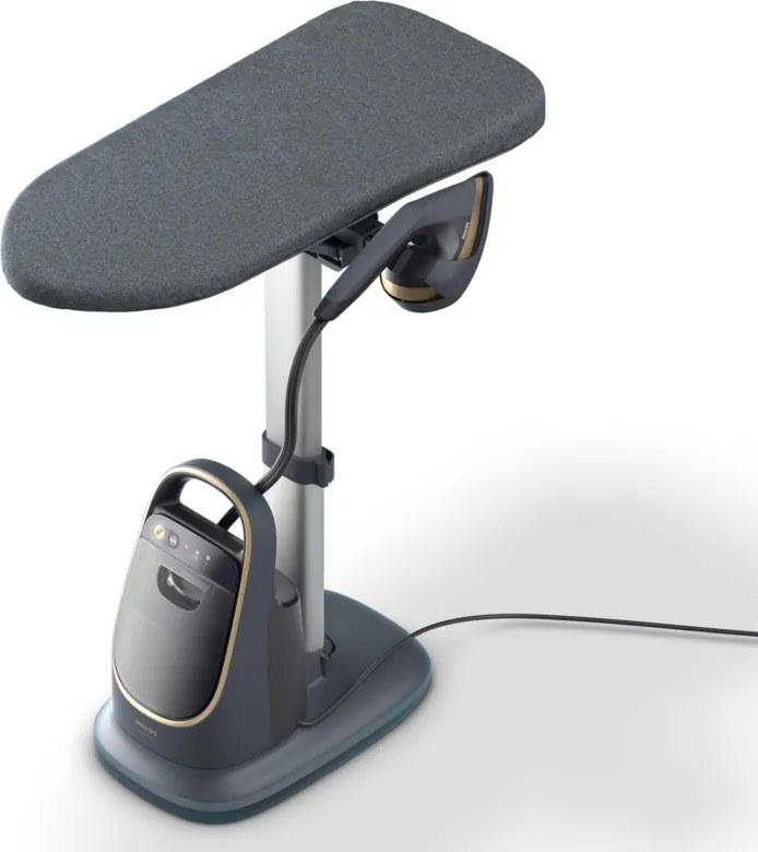 Aparat de calcat vertical cu abur Philips All-in-one 8500 AIS8540/80, 2200 W, 1,2 l, 6 bar, 90 g/min, 3 setari, OptimalTEMP, Masa reglabila, Gri inchis/Auriu