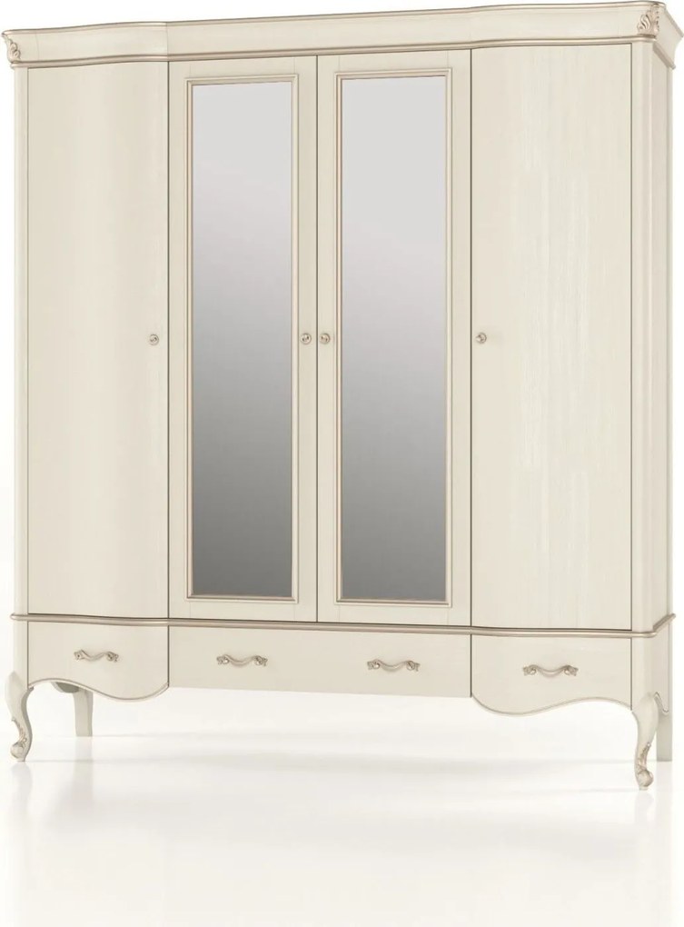 Dulap lemn masiv Celisea 4 Uși 4 Sertare cu Oglindă, 200 × 63 × 220 cm - Ivoire