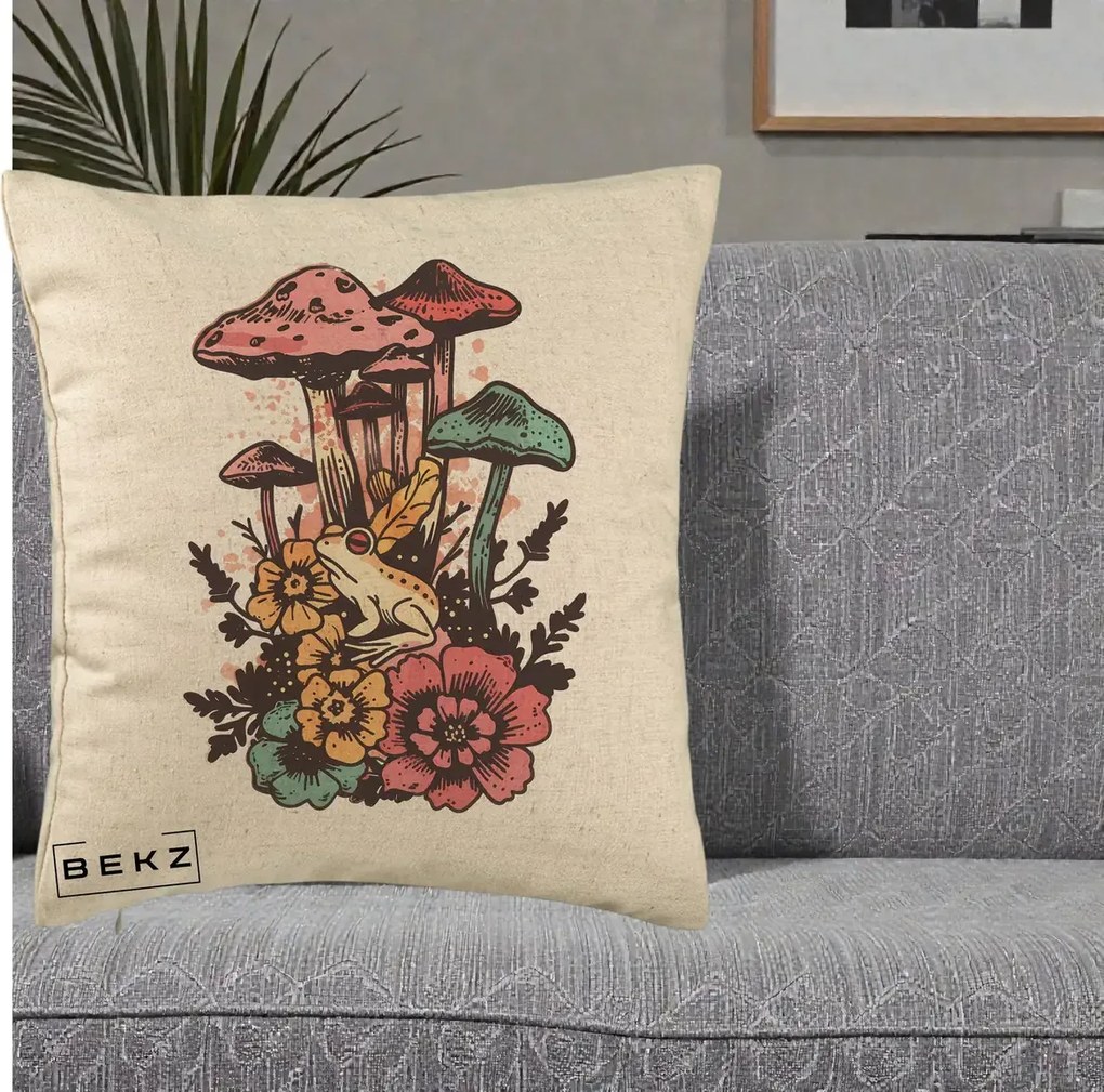 Perna Decorativa Ciuperci si Broaste Boho, 40x40 cm, Bej, Husa Detasabila, Perna Inclusa, BEKZ®
