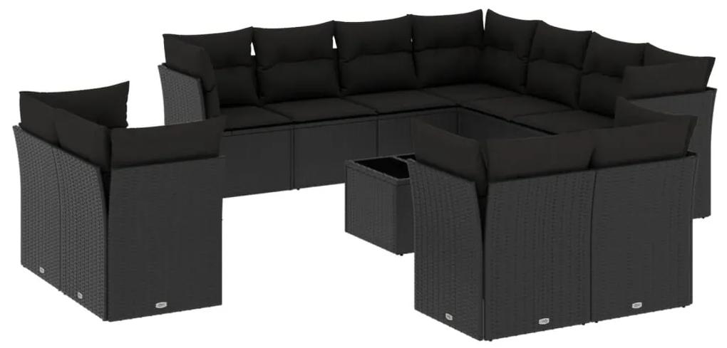 3250354 vidaXL Set canapele de grădină, 12 piese, cu perne, negru, poliratan