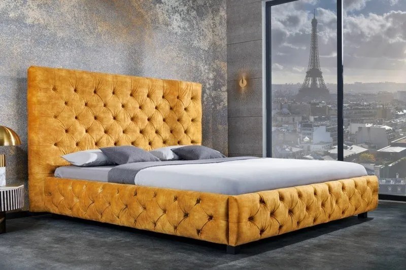 Pat dublu tapitat design modern Paris 160x200cm, galben mustar
