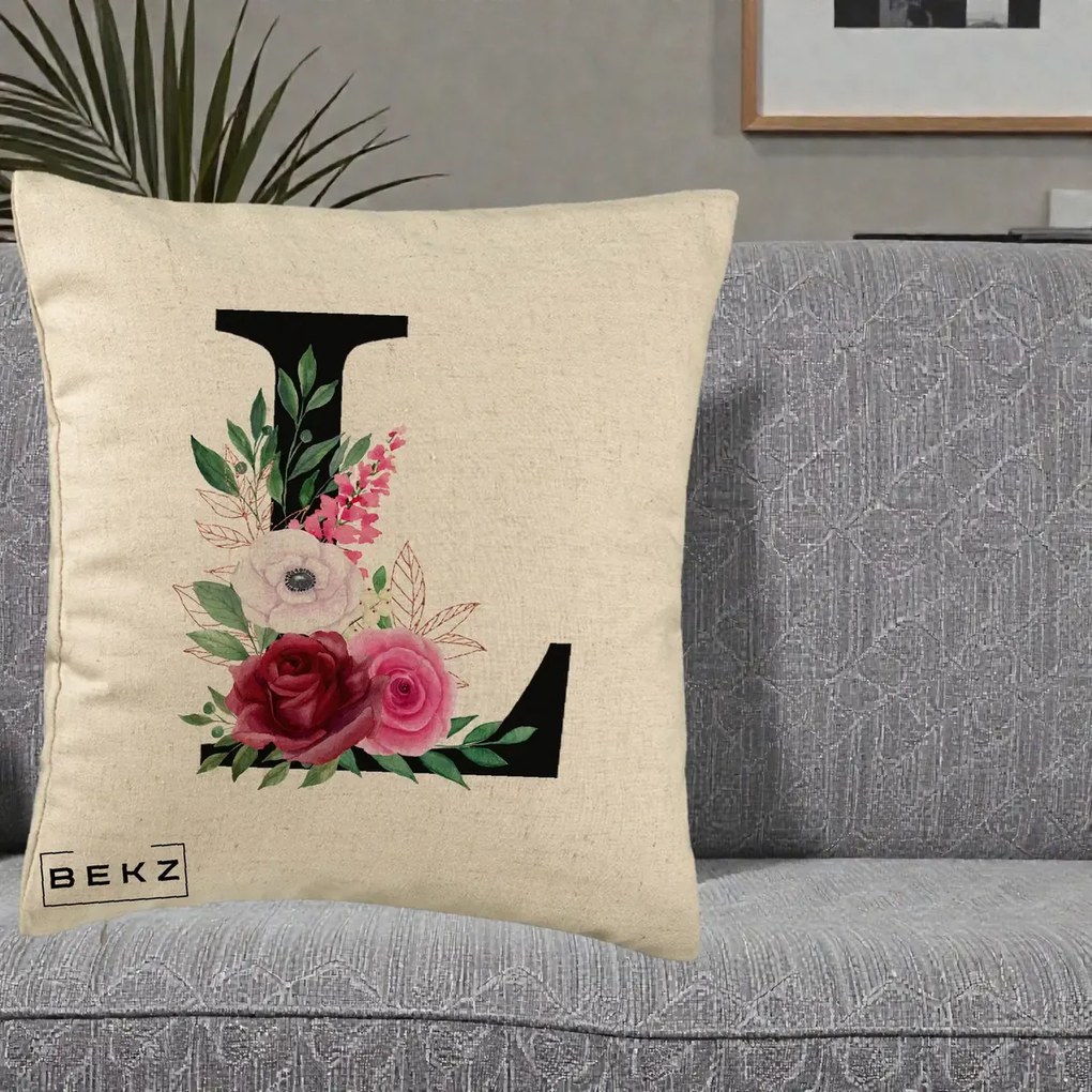 Cadou Personalizat - Perna Personalizata Monograma Florala Litera L, 40x40 cm, Bej, Husa Detasabila, Perna Inclusa, BEKZ®
