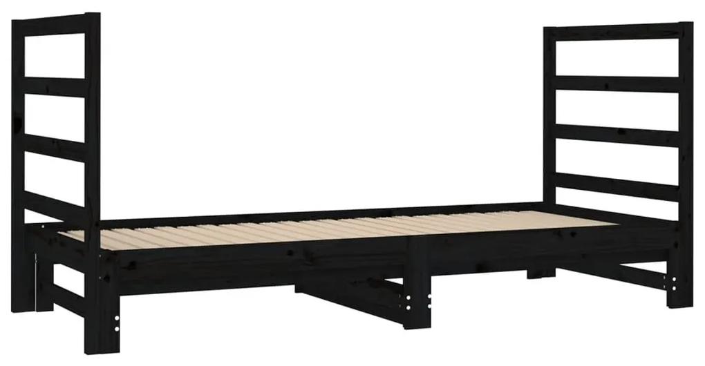 Pat de zi extensibil, negru, 2x(90x190) cm, lemn masiv de pin