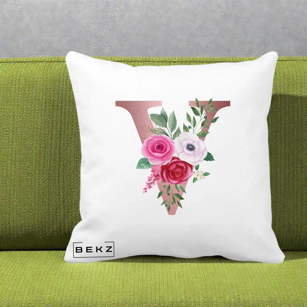 Cadou Personalizat - Perna Personalizata Monograma Rose Gold Litera V, 40x40 cm, Alba Mata, Husa Detasabila, Perna Inclusa, BEKZ®