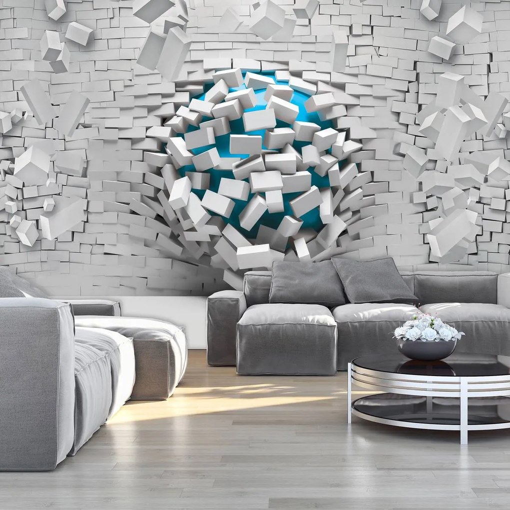 Fototapet - 3D mingea albastră și peretele alb din cărămizi (152,5x104 cm)