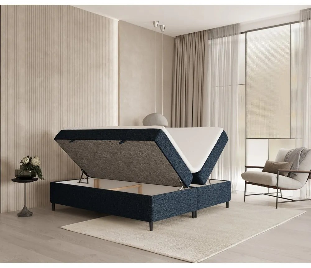 Pat boxspring albastru închis cu spațiu de depozitare 160x200 cm Araya – Maison de Rêve