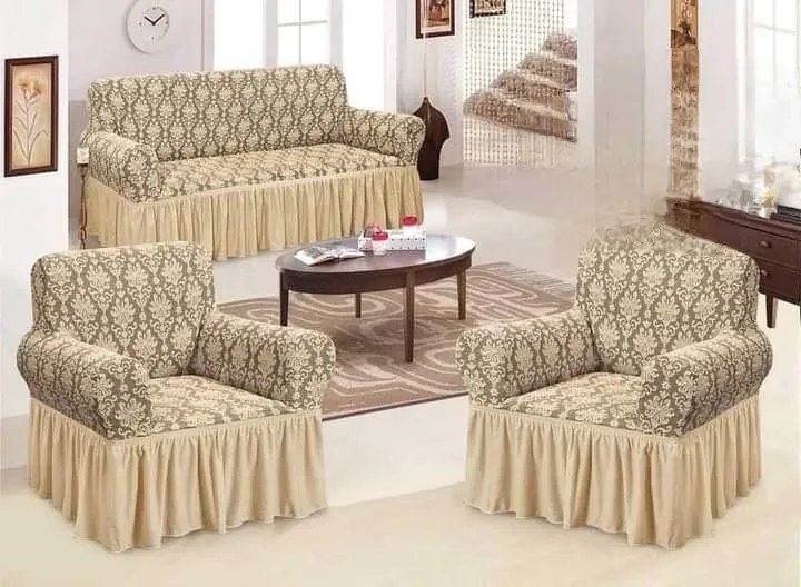 Set huse elastice pentru canapea 3 Locuri si 2 fotolii, cu volanas, model Jacquard Bej