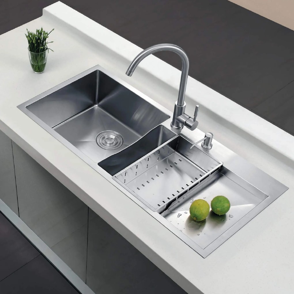 Chiuveta bucatarie inox dubla CookingAid ULTIMATE DUO cu dozator detergent, scurgator vase/paste/fructe, gratar rulabil inox + accesorii montaj