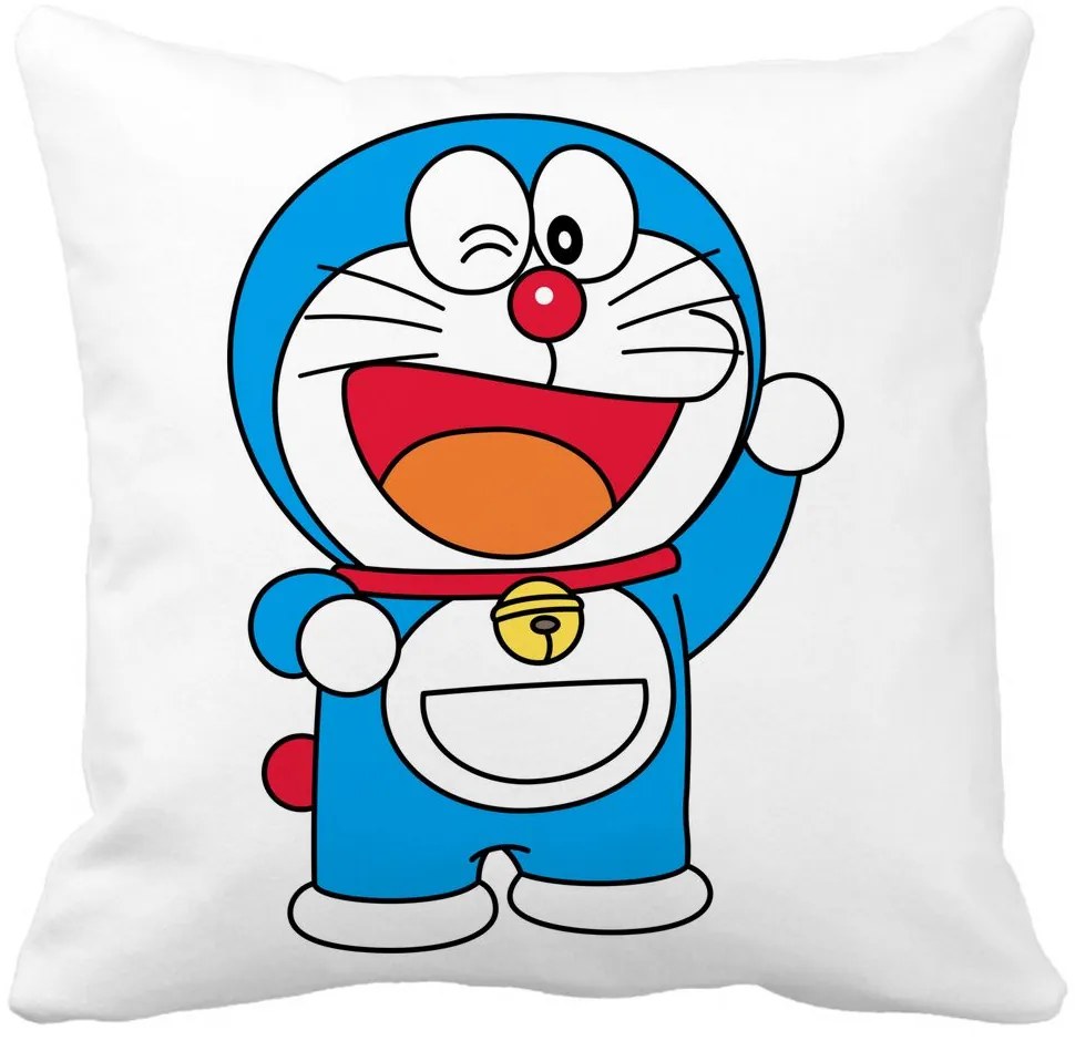 Perna Decorativa Patrata copii Doraemon, 40x40 cm, Alba, Mata, Husa Detasabila, Burduf