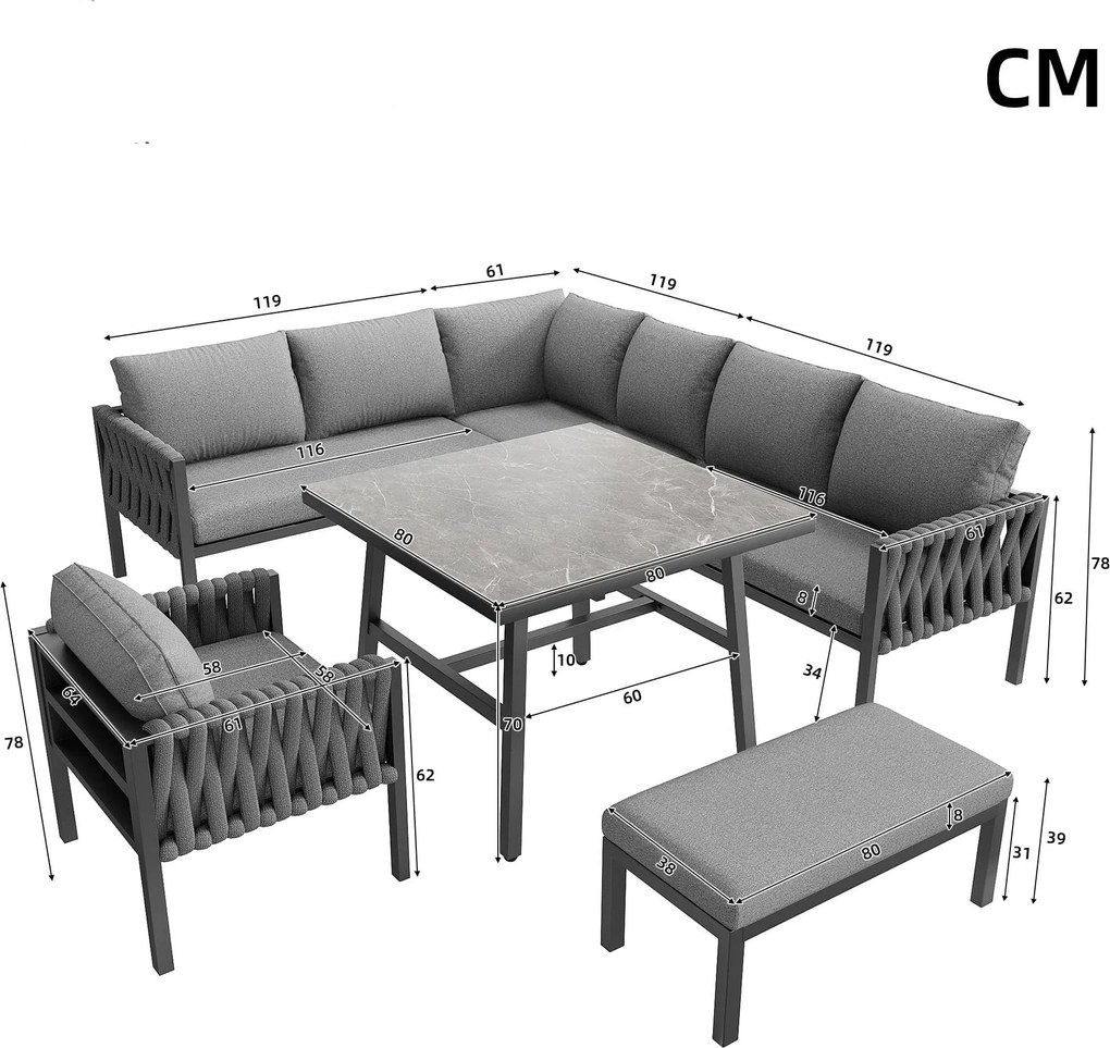 Set de mobilier de grădină cu canapea de colț și blat de masă din sticlă securizată, Gri | Aosom Romania