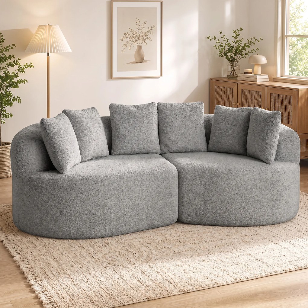 HOMCOM Canapea 3 locuri fără cadru, cu șezut amplu, 6 perne, design curbat, din chenille, gri deschis | Aosom Romania