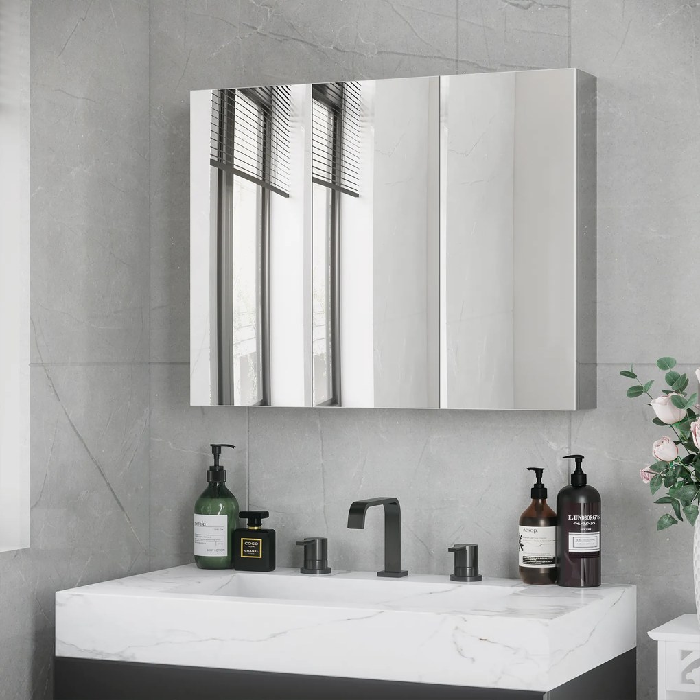 kleankin Spiegelschrank, dulap de baie, 3 uși cu oglindă, 5 rafturi interioare, oțel inoxidabil, Culoare: Argintiu, 70 x 12 x 55 cm | Aosom Romania
