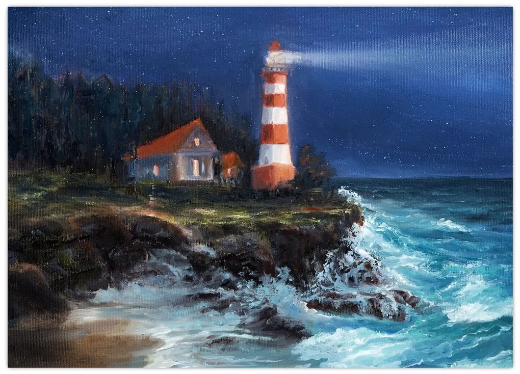 Tablou pe sticlă - Far pe malul oceanului, aquarelă (70x50 cm)