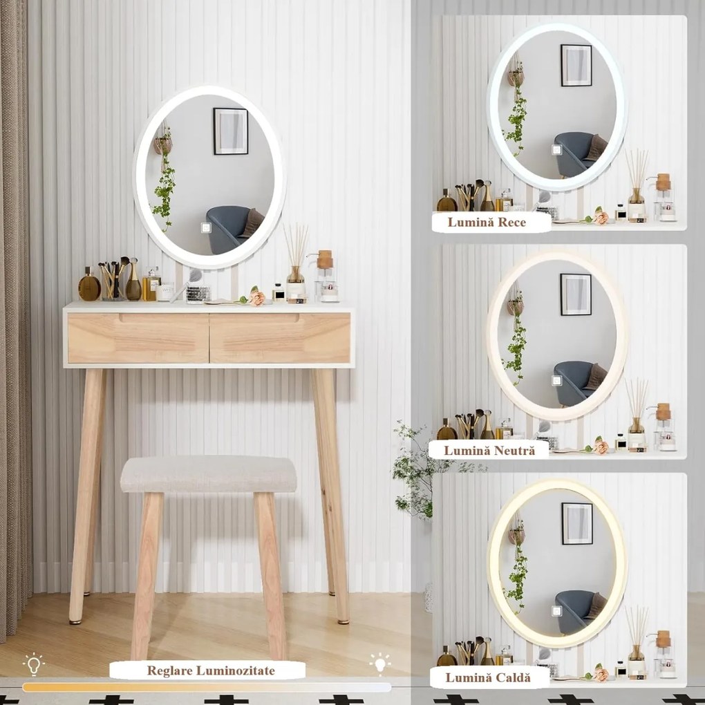 Masuta machiaj cu Oglinda LED si 2 Sertare pentru Cosmetice, Set Masa toaleta 70 cm, Alb, masuta cosmetica, vanity - SEM235