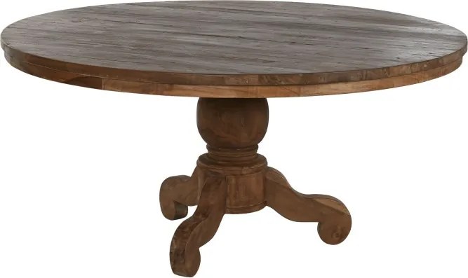 Masă dining rotundă din lemn de tec reciclat, natur, 6–8 locuri, cu picior central pe trei volute, 78 x 160 cm, „Komodo”