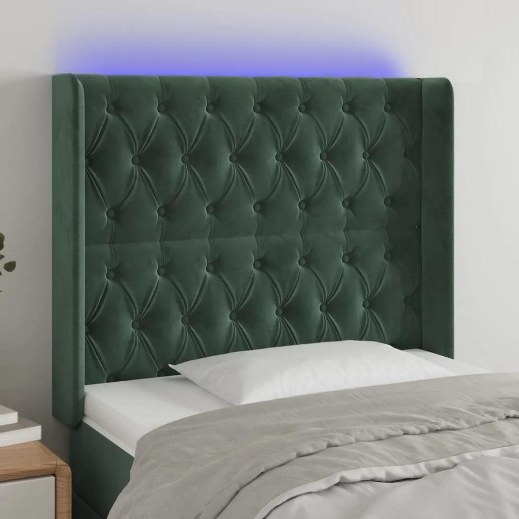 3124423 vidaXL Tăblie de pat cu LED, verde închis, 93x16x118/128cm, catifea