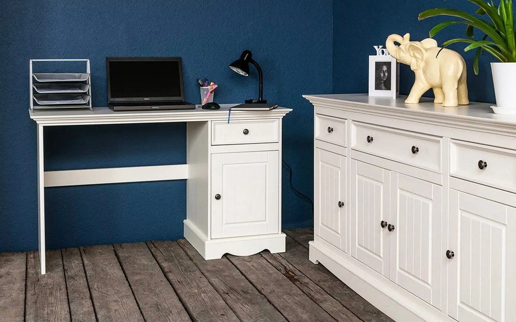 Birou lemn masiv alb Linea, 130 × 53 × 77 cm