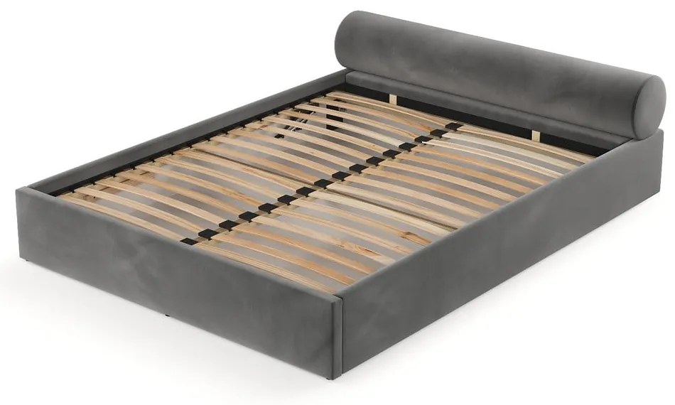 Pat matrimonial gri închis tapițat cu spațiu de depozitare cu somieră 160x200 cm Solvo – Maison de Rêve