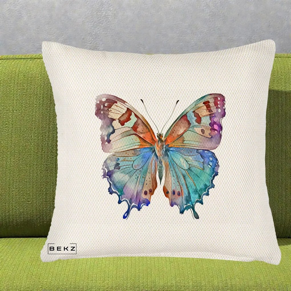 Perna decorativa Fluture Acuarela Multicolor Portocaliu-Bleu-Mov, 45x45 cm cu Umplutura, Crem Reliefat, BEKZ