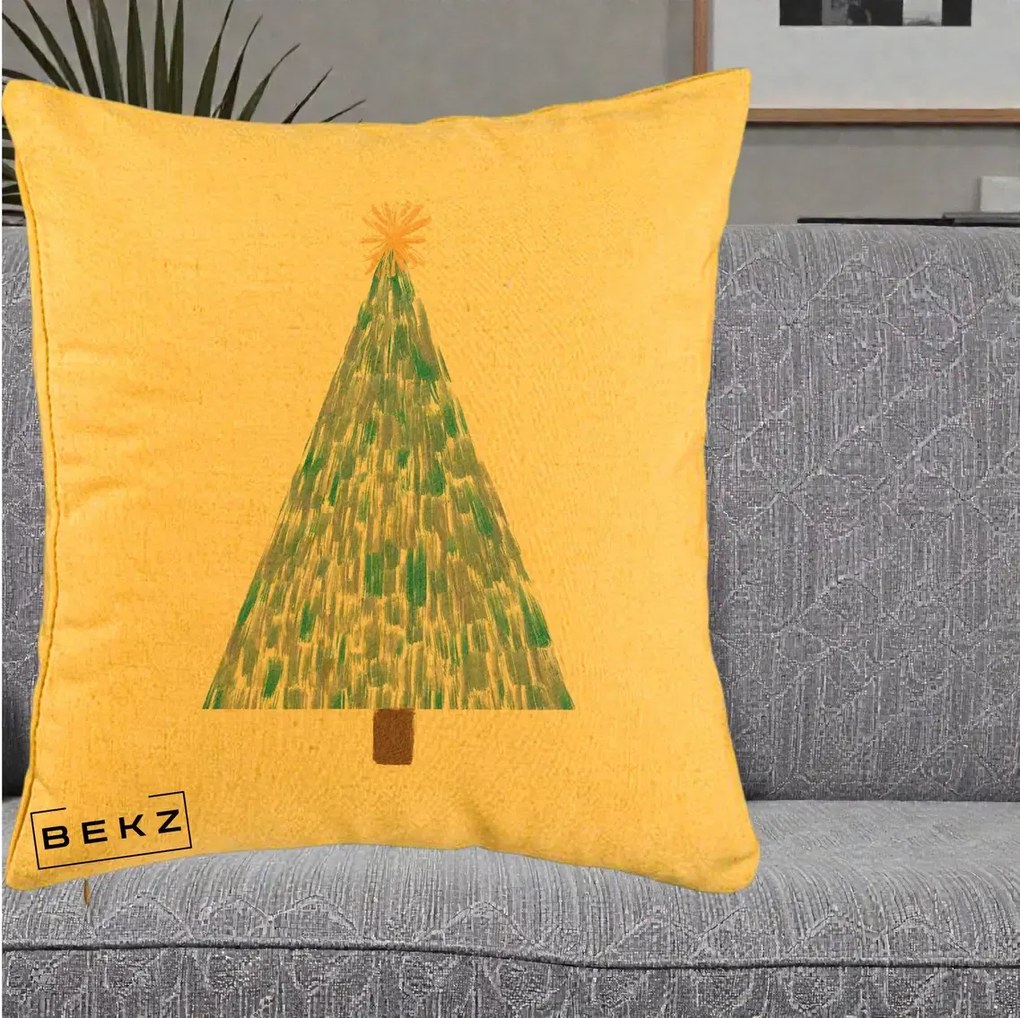 Perna Decorativa Brad de Craciun Acrilic Albastru, 40x40 cm, Galben, Husa Detasabila, Perna Inclusa, BEKZ®