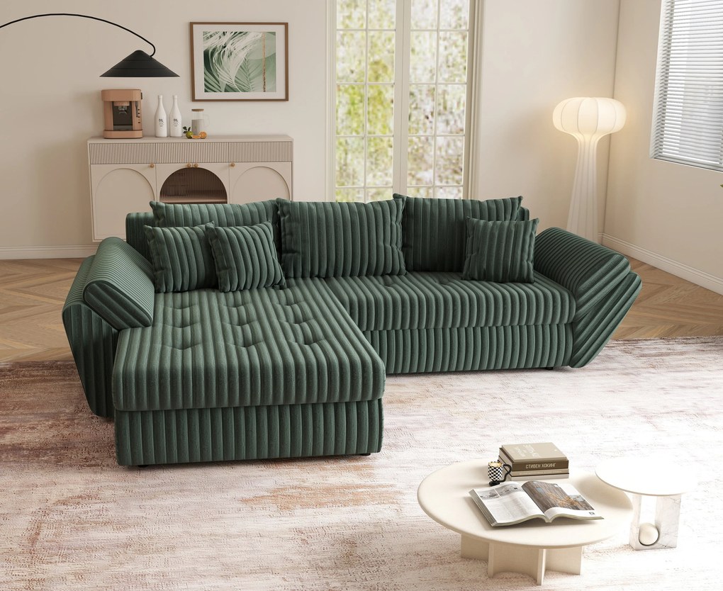 Colțar extensibil dumonde cu ladă de depozitare si sezut confortabil din spuma high-density, Loana Ambience Green 270x185 cm