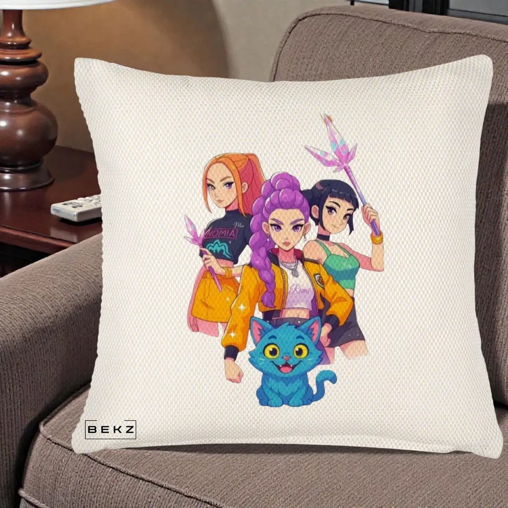 Perna Personalizata K-pop HUNTRX Trio cu Pisica si Cristale, 40x40 cm, Crem Reliefat, Husa Detasabila, Perna Inclusa, BEKZ®