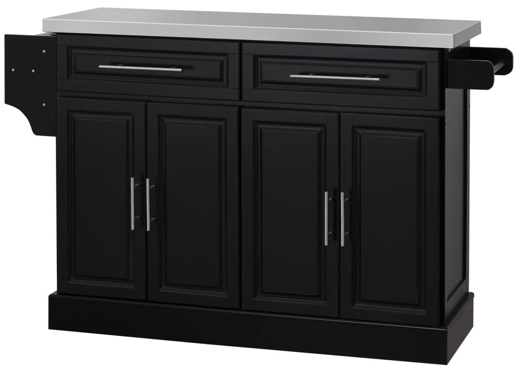 HOMCOM Insulă de bucătărie pe roți Blat din oțel inoxidabil Sertare Rafturi reglabile Suport pentru condimente Suport prosoape 145x45x93 cm Negru | Aosom Romania