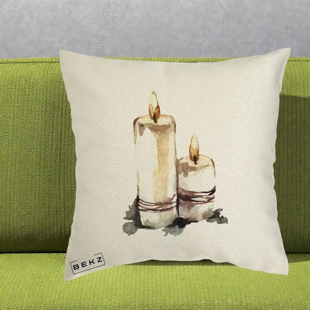Perna Decorativa Lumanari Acuarela Iarna, 40x40 cm, Ecru, Husa Detasabila, Perna Inclusa, BEKZ®