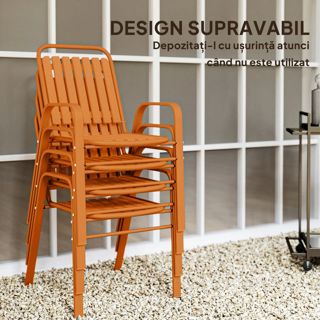 Outsunny Set de 4 Scaune de Grădină Stivuibile cu Spătar Înalt și Brațe, 56x66x91 cm, Maro Închis | Aosom Romania