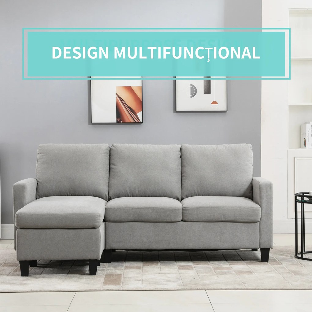 HOMCOM Canapea de colt modulara si moderna, canapea 3 locuri cu peninsula reversibila din material textil gri deschis, 197x139x 91 cm | Aosom Romania