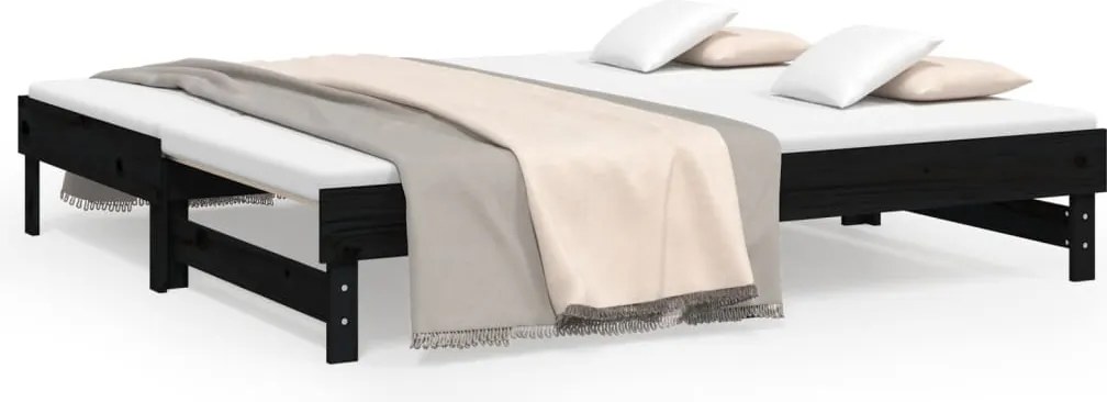 vidaXL Pat de zi extensibil, negru, 2x(75x190) cm, lemn masiv de pin