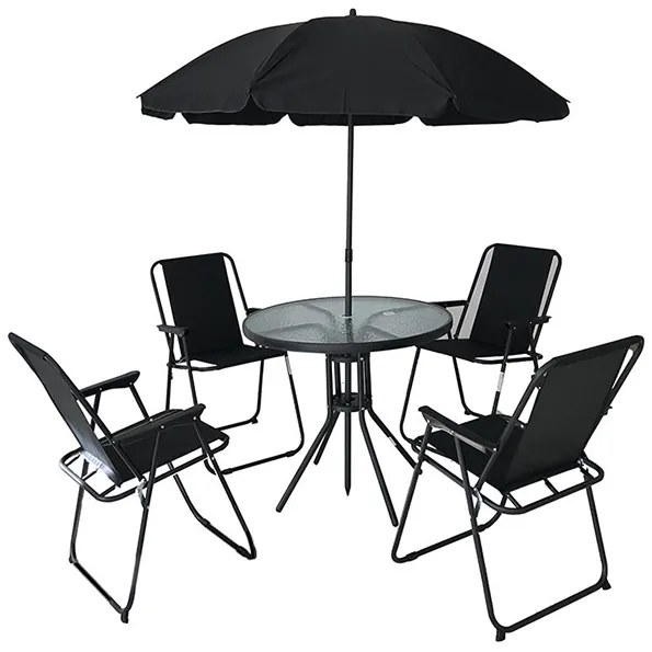 Set de mobilier de terasă, masă, 4 scaune pliabile și umbrelă de soare