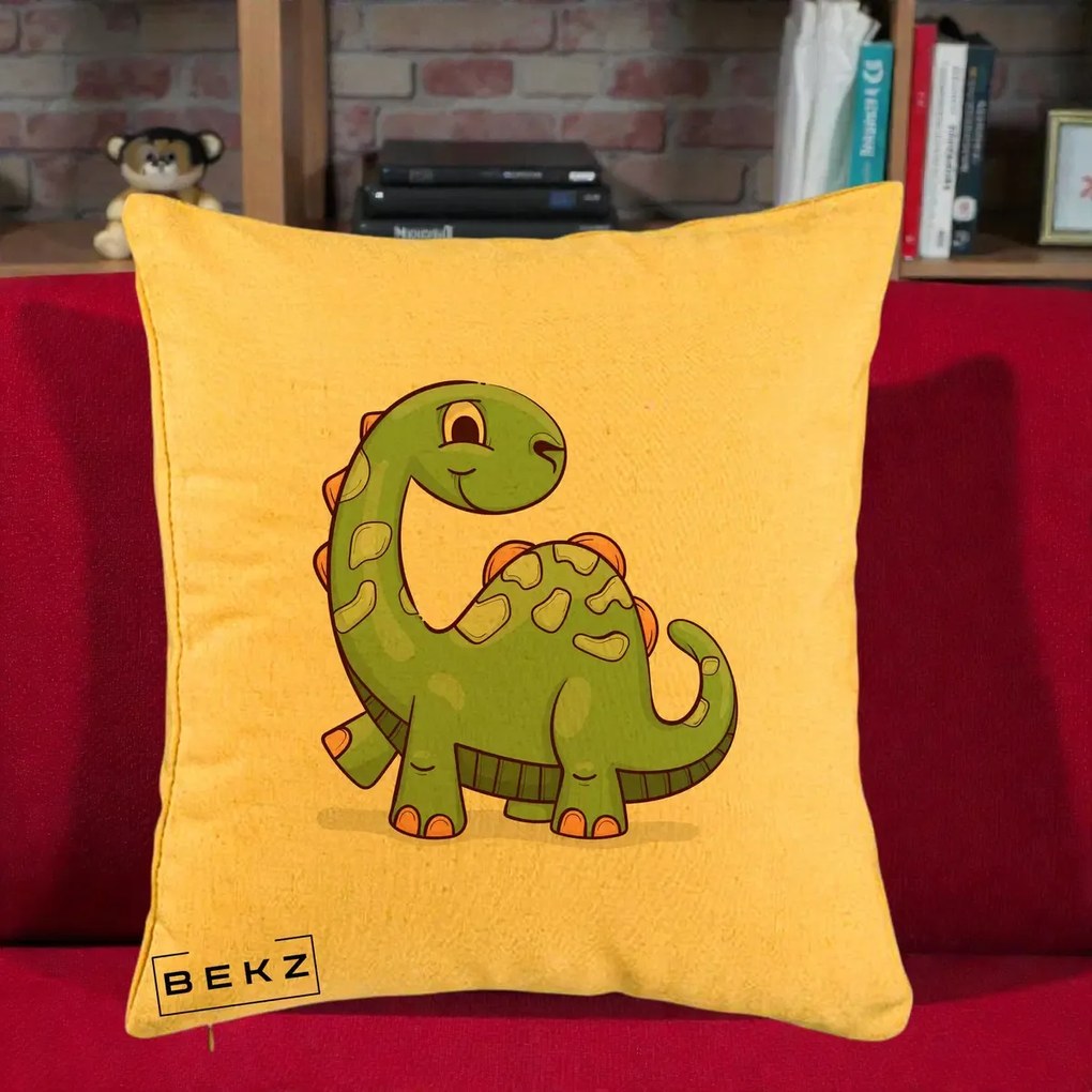 Perna Decorativa Brontosaur Verde Simpatic, 40x40 cm, Galben, Husa Detasabila, Perna Inclusa, BEKZ®