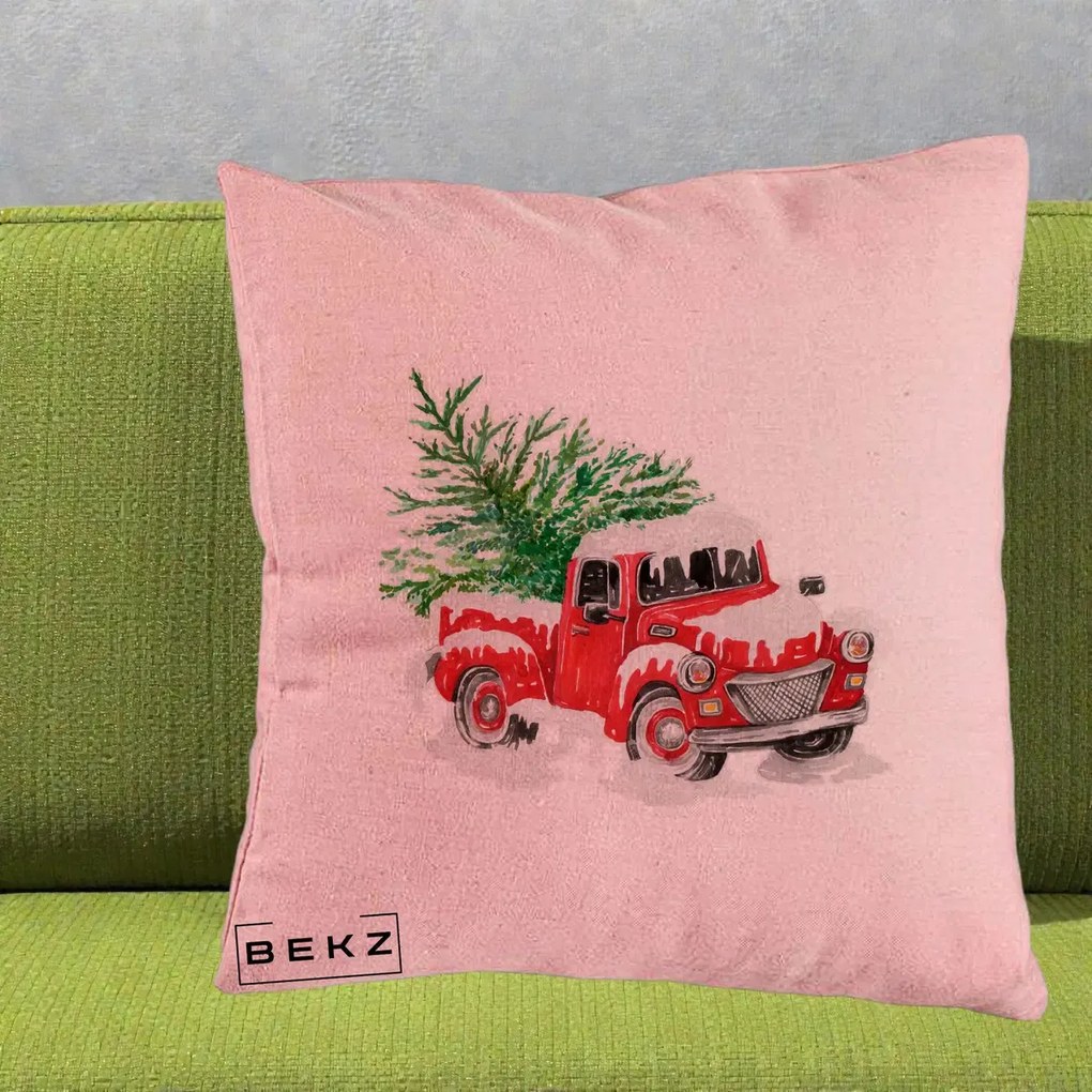 Perna Decorativa Camioneta Rosie Brad de Craciun, 40x40 cm, Roz, Husa Detasabila, Perna Inclusa, BEKZ®