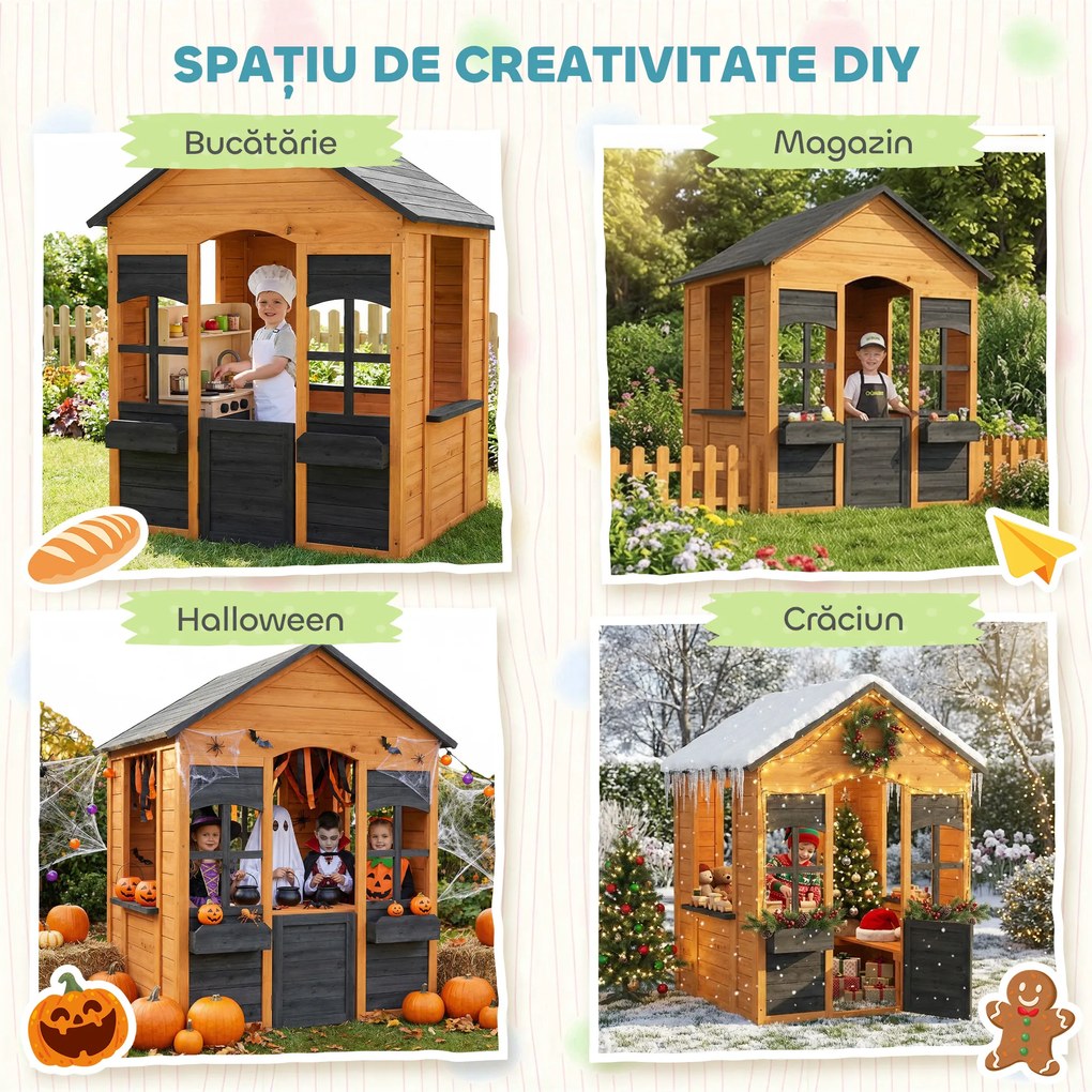 AIYAPLAY Căsuță din Lemn Copii cu Jardiniere, pentru Joacă Exterior/Interior, Vârsta 3-8, Maro | Aosom Romania