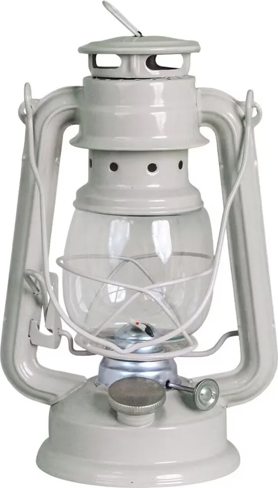 Felinar vintage bej cu petrol, din metal și sticlă, cu detalii argintii, capac de siguranță și fitil inclus, „Hurricane Lantern Beige Small"