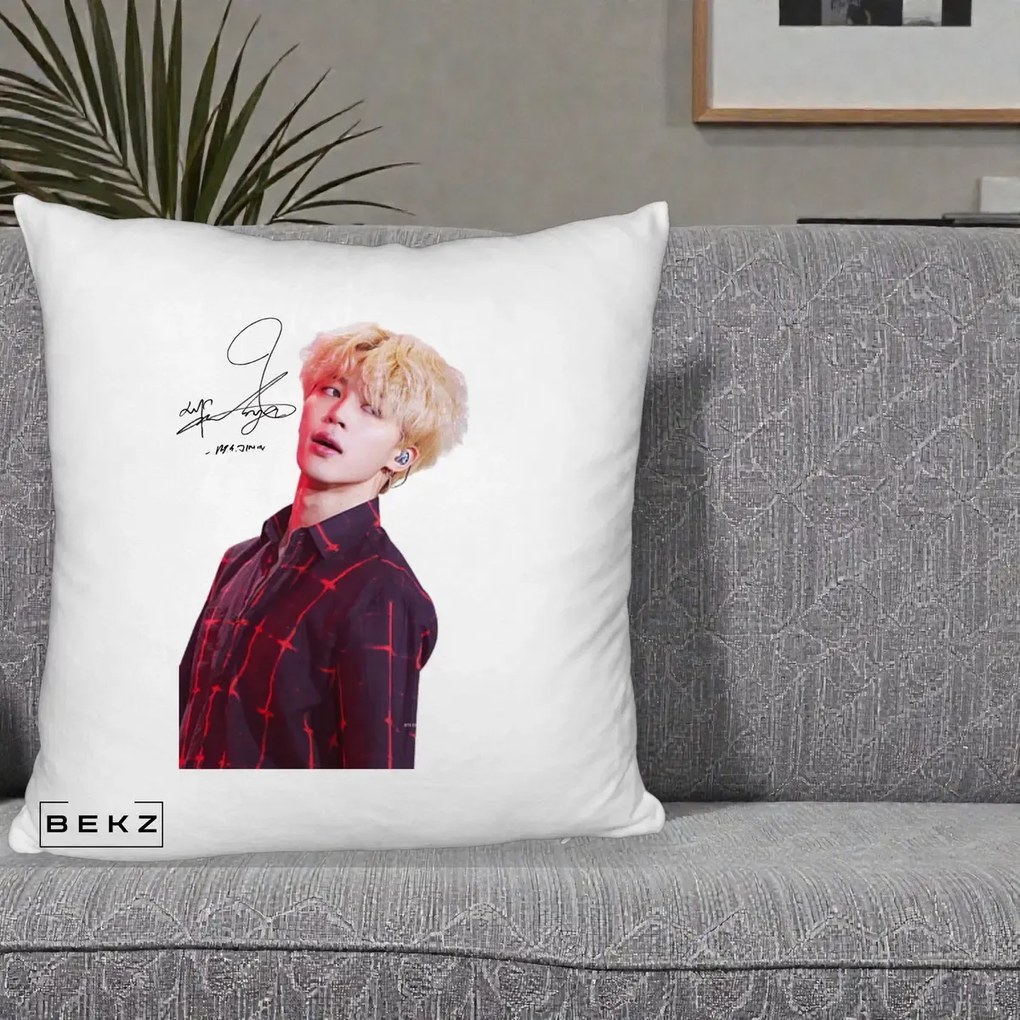 Perna Personalizata K-pop BTS Jimin Portret Artistic par Blond Autograf, 40x40 cm, Alb Pufos, Husa Detasabila, Perna Inclusa, BEKZ®