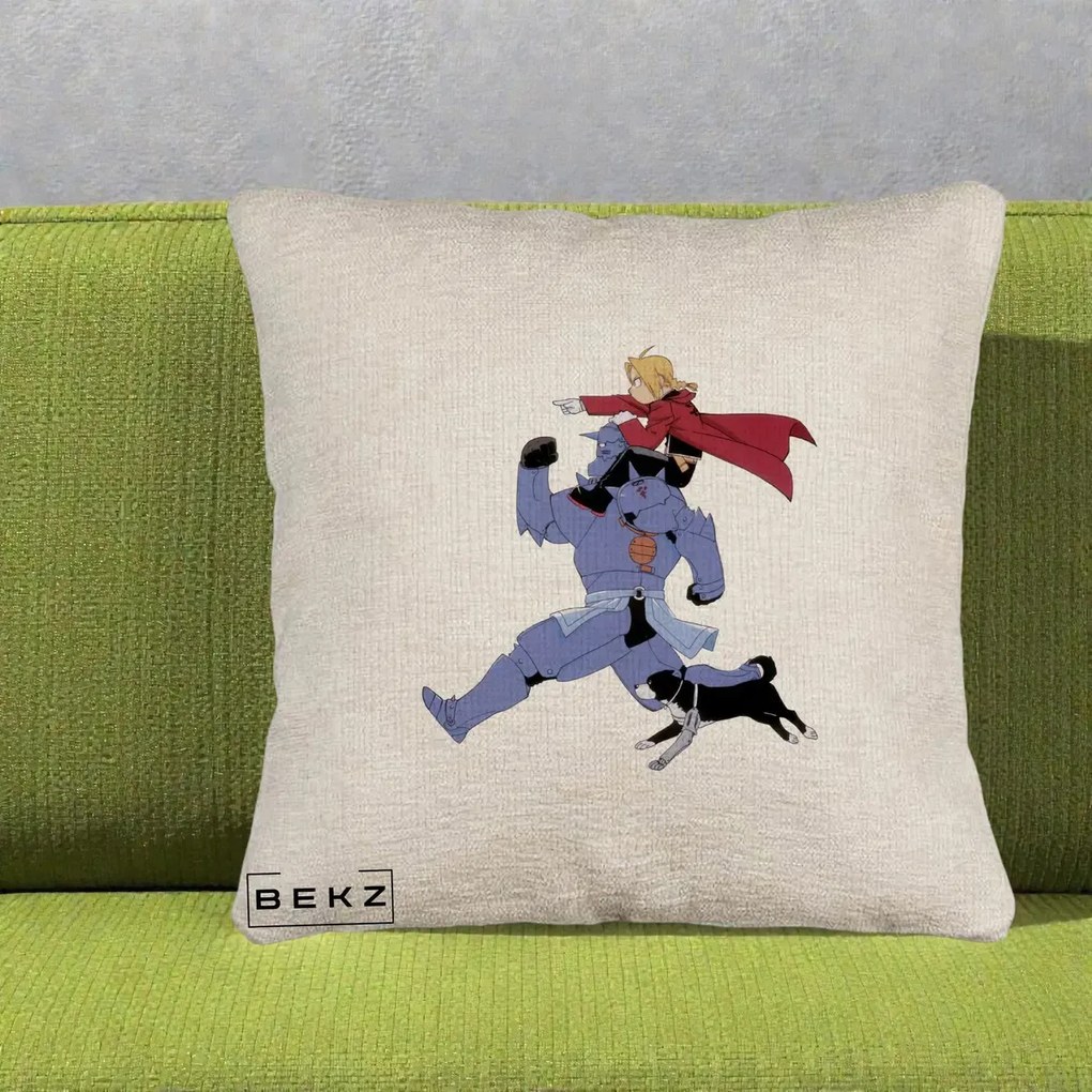 Perna Personalizata Fullmetal Alchemist Edward si Alphonse, 40x40 cm, Bej Canapea, Husa Detasabila, Perna Inclusa, BEKZ®