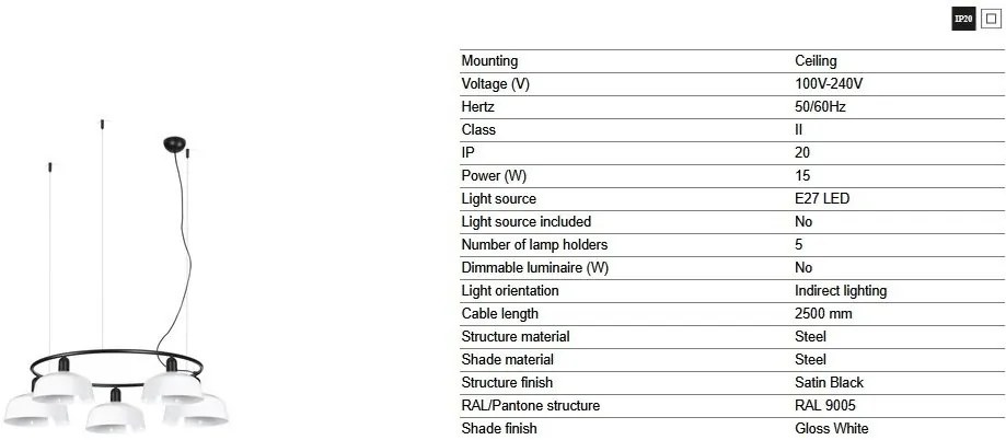 Lustra suspendata metal TATAWIN M 5L negru, alb