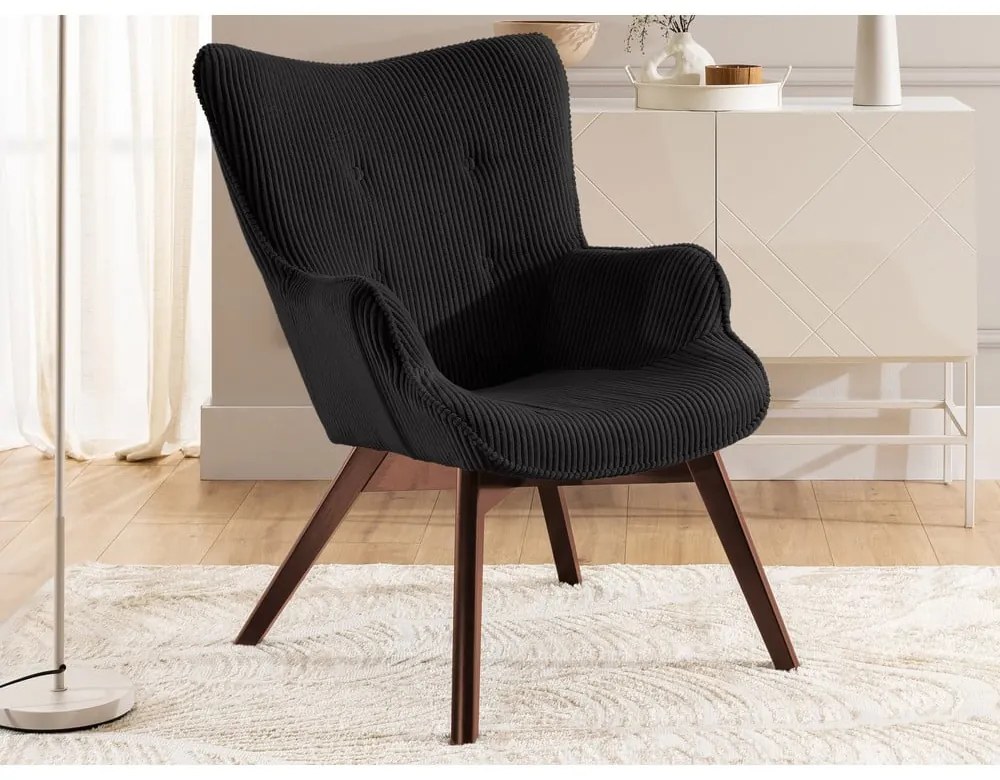 Fotoliu cu taburet negru cu tapițerie din catifea reiată Niko – Ropez