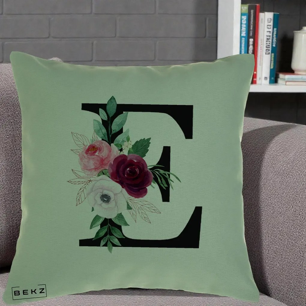 Cadou Personalizat - Perna Personalizata Monograma Florala Litera E, 40x40 cm, Verde, Husa Detasabila, Perna Inclusa, BEKZ®