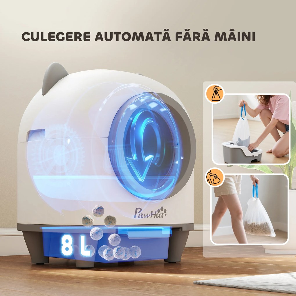 PawHut Litiera auto-curățătoare de 80L pentru Pisici 1-5 kg din PP Alb și Gri | Aosom Romania