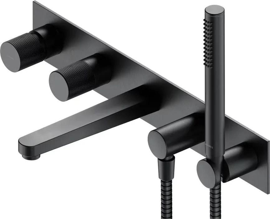 Baterie cada - dus incastrata Omnires Contour 5 orificii antracit cu corp ingropat si set de dus