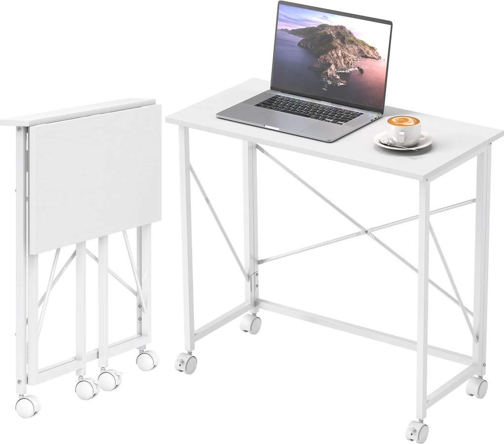 HOMCOM Masă pliantă pentru calculator 80 x 40 cm pe roți pentru birou de acasă, dormitor, spații mici, alb | Aosom Romania