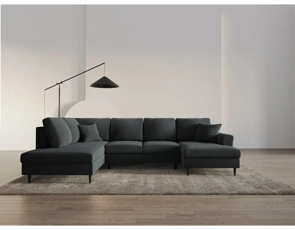 Colțar gri închis extensibil, cu spațiu de depozitare cu tapițerie din catifea (cu colț pe partea stângă-în formă de "U") Kyoto – Cosmopolitan Design