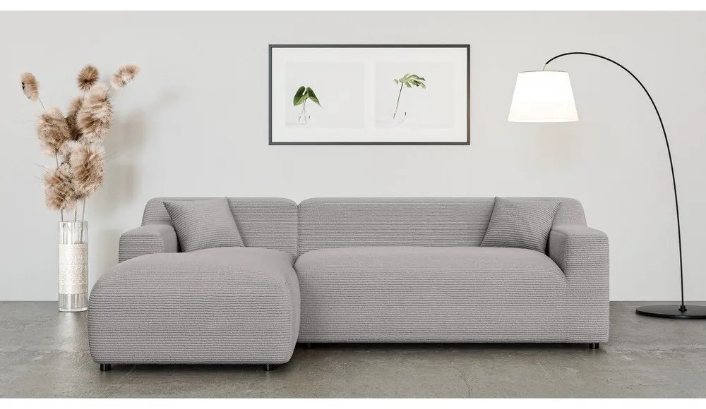 Colțar gri deschis cu tapițerie din catifea reiată (cu colț pe partea stângă, cu șezlong) Martin – Ropez