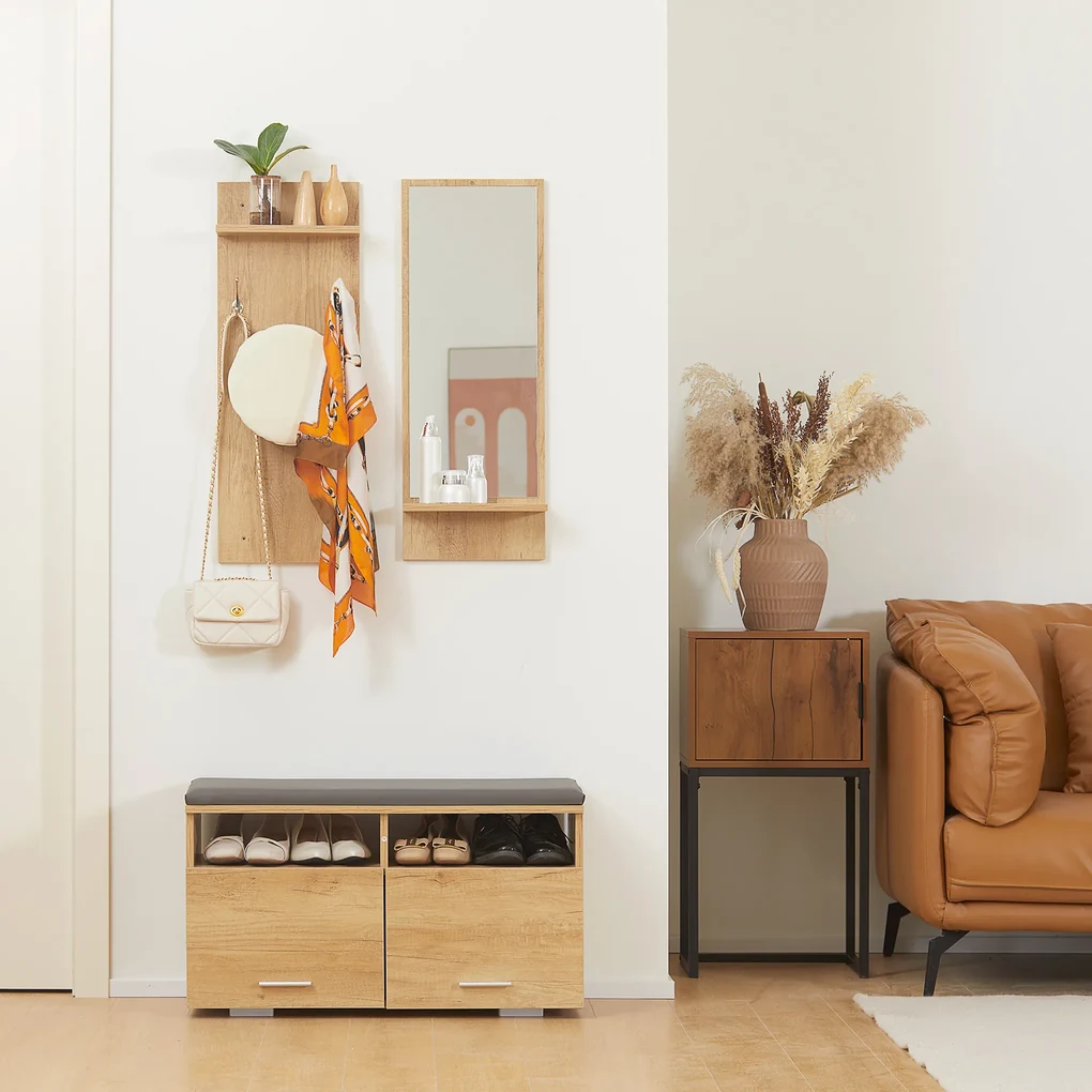 HOMCOM Organizator 3 în 1 pentru Hol, Dulap Pantofi, Oglindă, Finisaj din PAL și Piele PU, Design Modern și Funcțional | Aosom Romania
