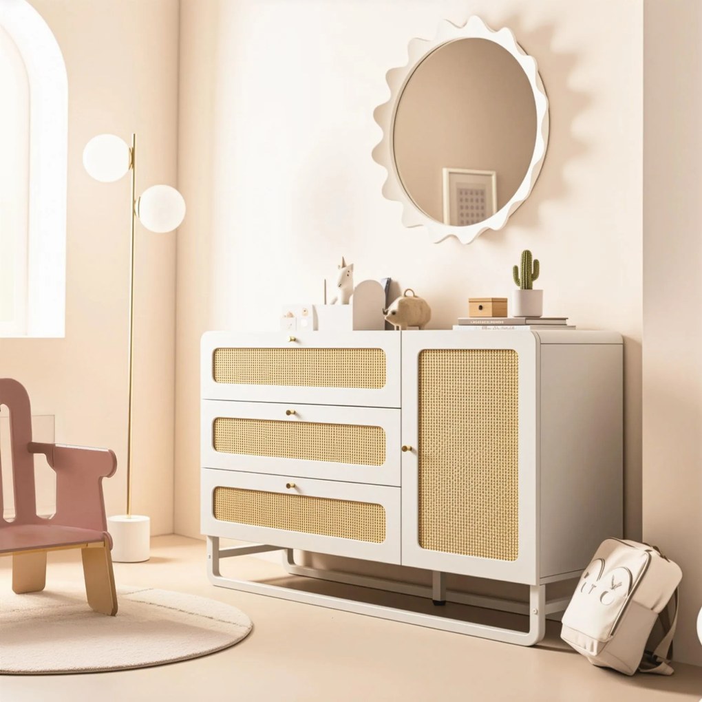 Comodă în stil rustic cu ratan și mânere aurii, 3 sertare și 1 ușă, 120x40x85 cm, Alb